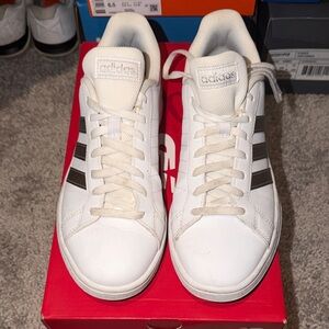 Adidas Women's White Sneakers with Black Stripes